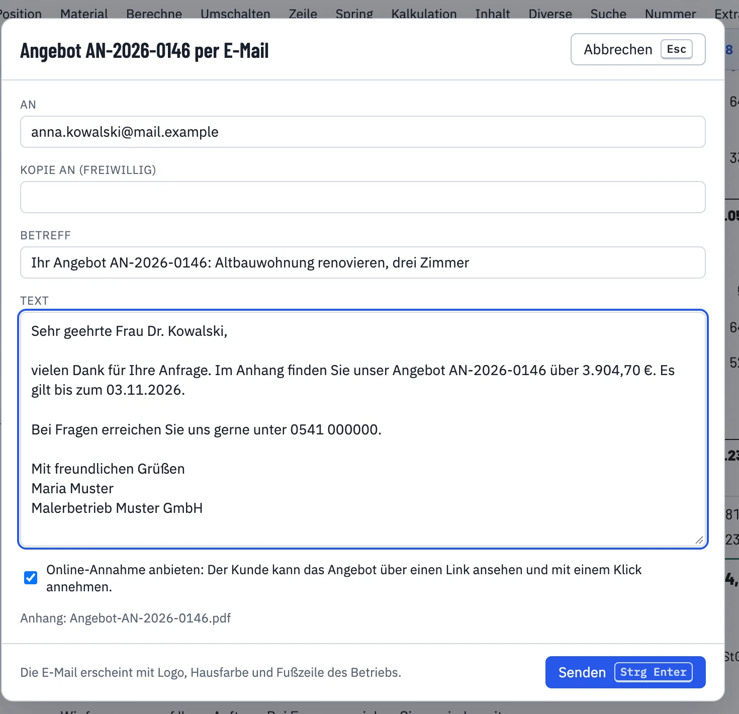 E-Mail-Versand eines Angebots mit Empfänger, Betreff, Text und angehakter Online-Annahme