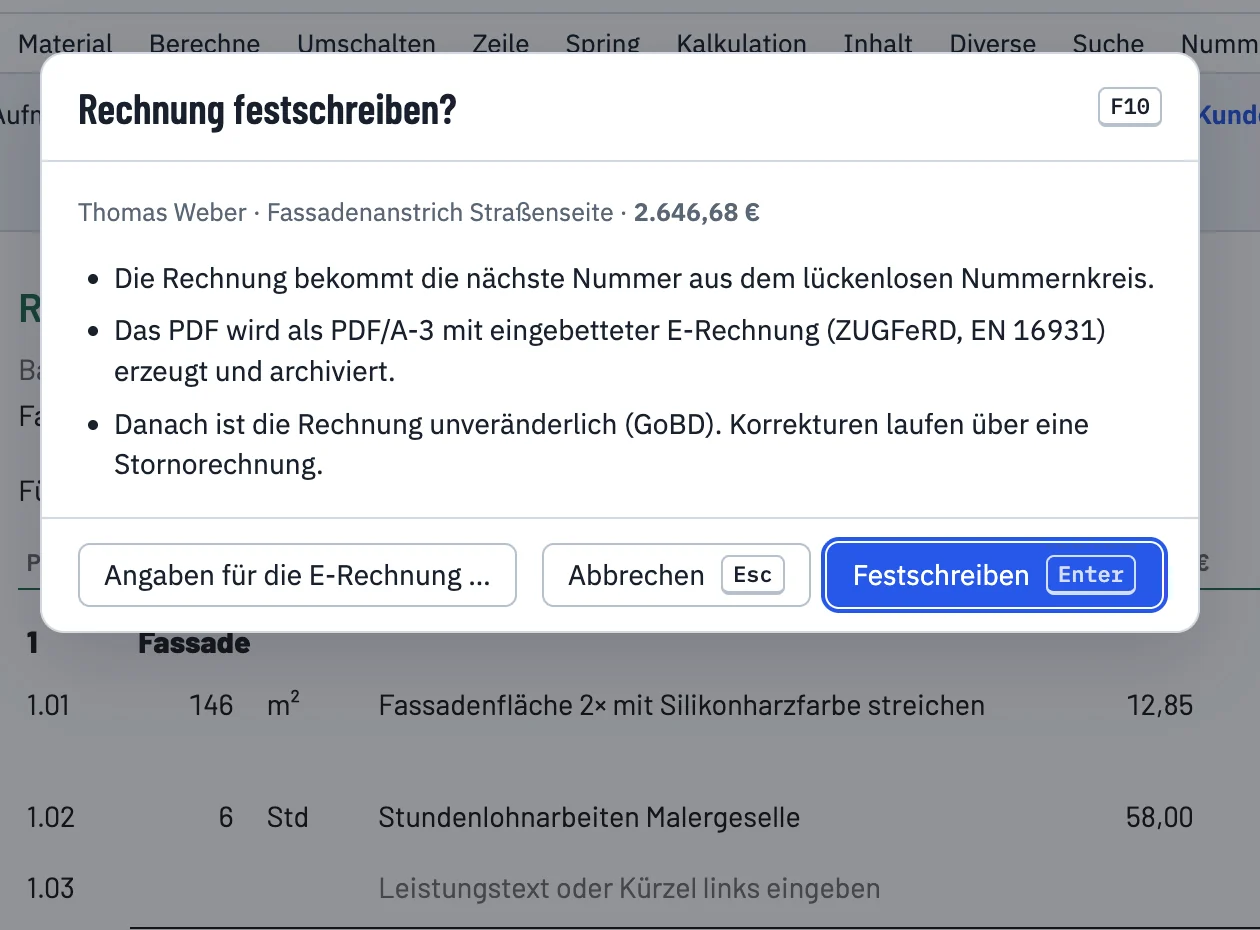 Dialog Rechnung festschreiben mit Nummernkreis, PDF/A-3 mit E-Rechnung und Hinweis auf GoBD